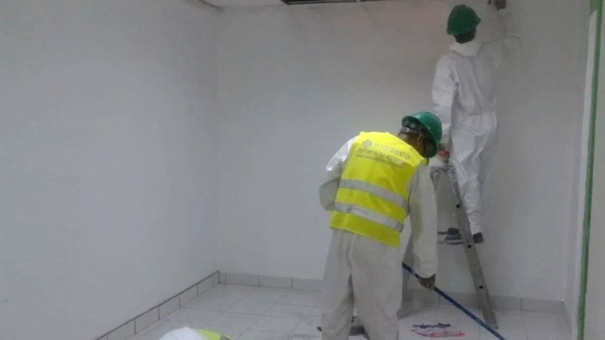 Operario pintando el muro de un ambiente interior con rodillo de extensión